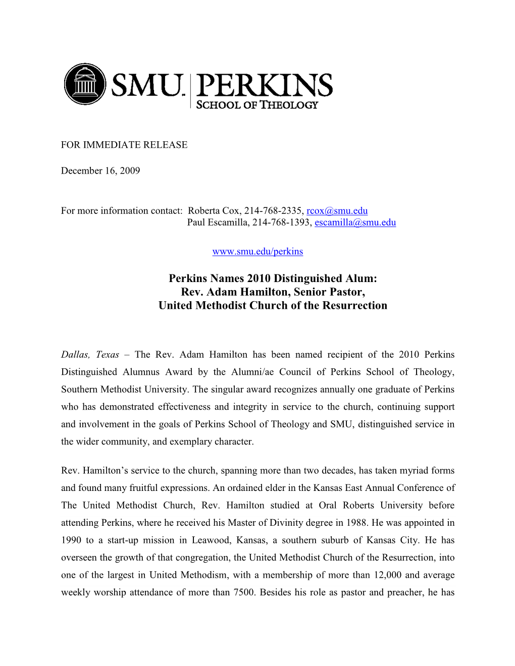 Perkins Names 2010 Distinguished Alum: Rev. Adam Hamilton, Senior Pastor, United Methodist Church of the Resurrection