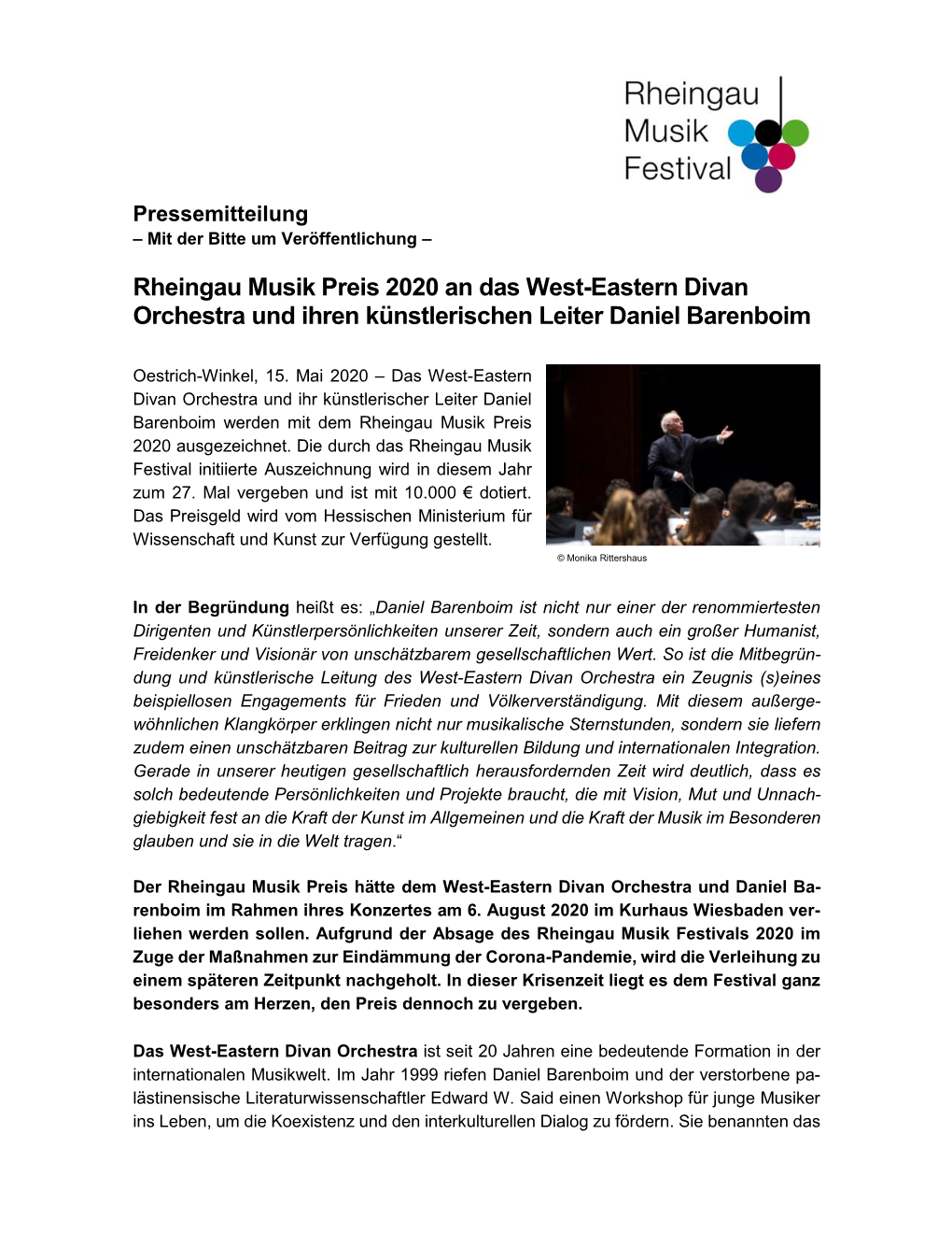 Rheingau Musik Preis 2020 an Das West-Eastern Divan Orchestra Und Ihren Künstlerischen Leiter Daniel Barenboim