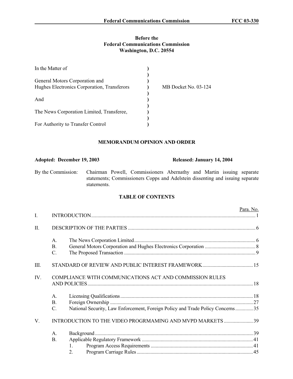 FCC Memorandum Opinion and Order 03-330 of 12/9/2003