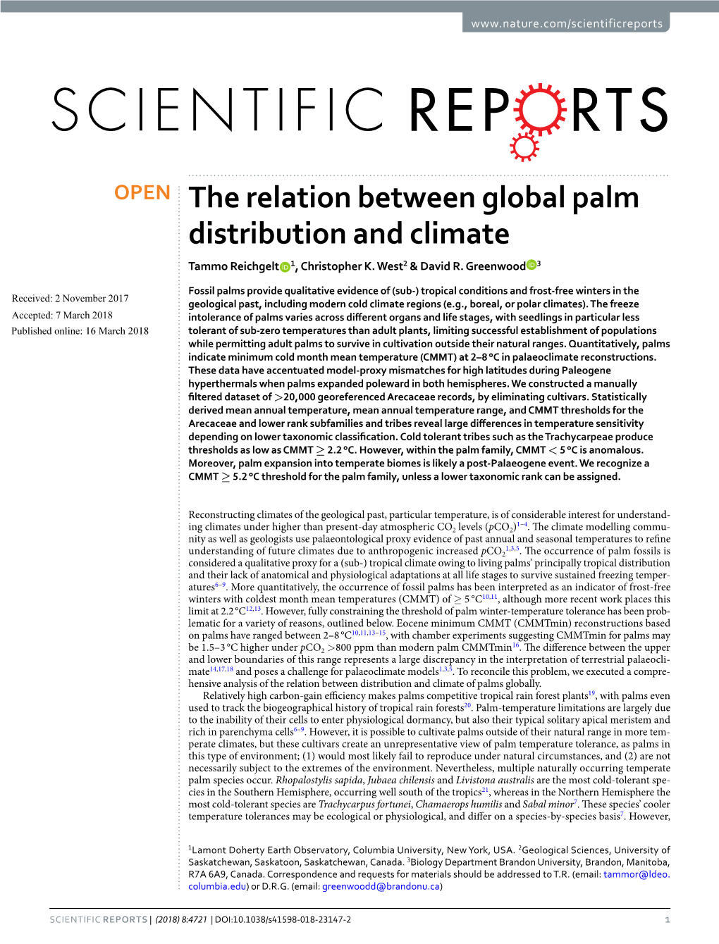 The Relation Between Global Palm Distribution and Climate Tammo Reichgelt 1, Christopher K