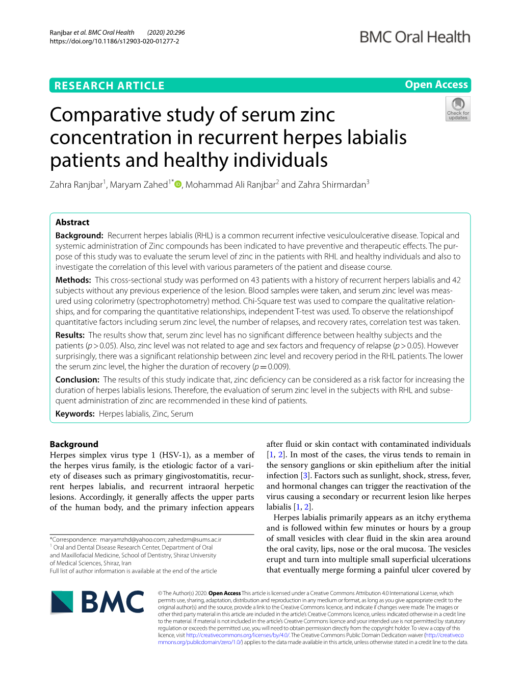 Comparative Study of Serum Zinc Concentration In