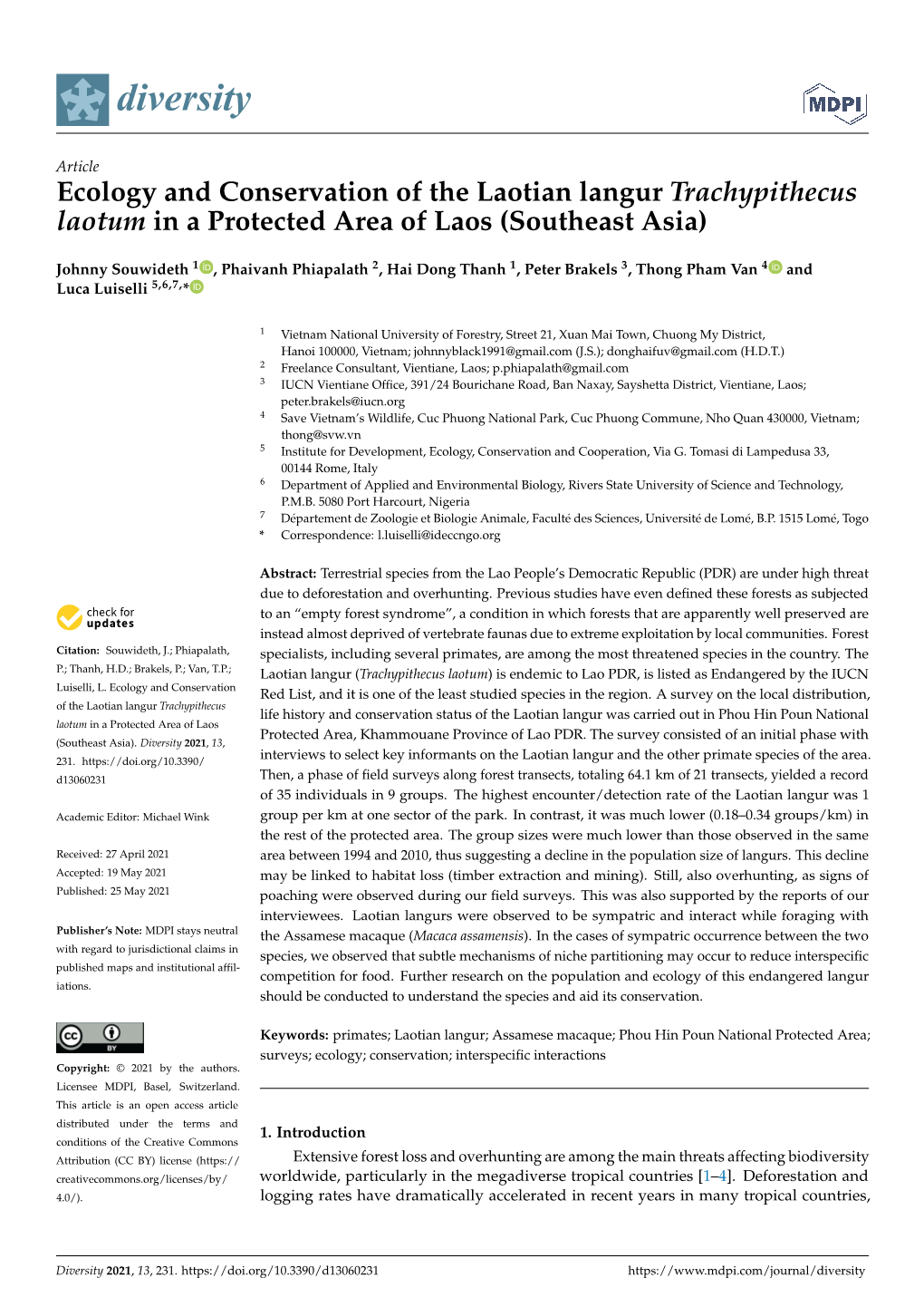 Ecology and Conservation of the Laotian Langur Trachypithecus Laotum in a Protected Area of Laos (Southeast Asia)