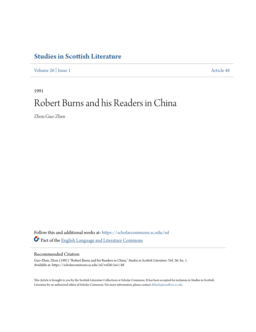 Robert Burns and His Readers in China Zhou Guo-Zhen