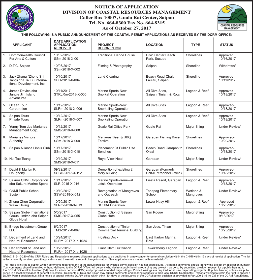 NOTICE of APPLICATION DIVISION of COASTAL RESOURCES MANAGEMENT Caller Box 10007, Gualo Rai Center, Saipan Tel