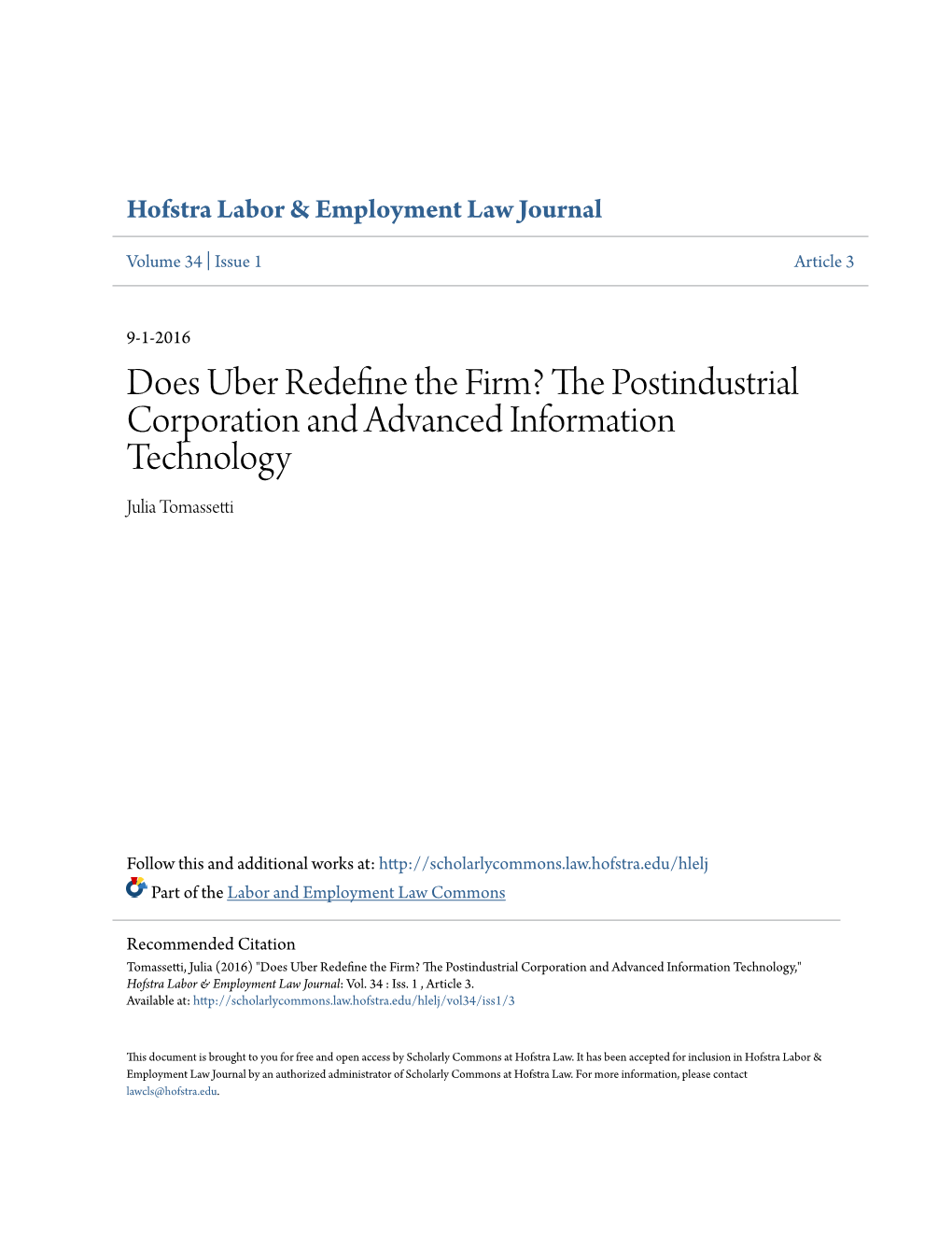 Does Uber Redefine the Firm? the Postindustrial Corporation and A