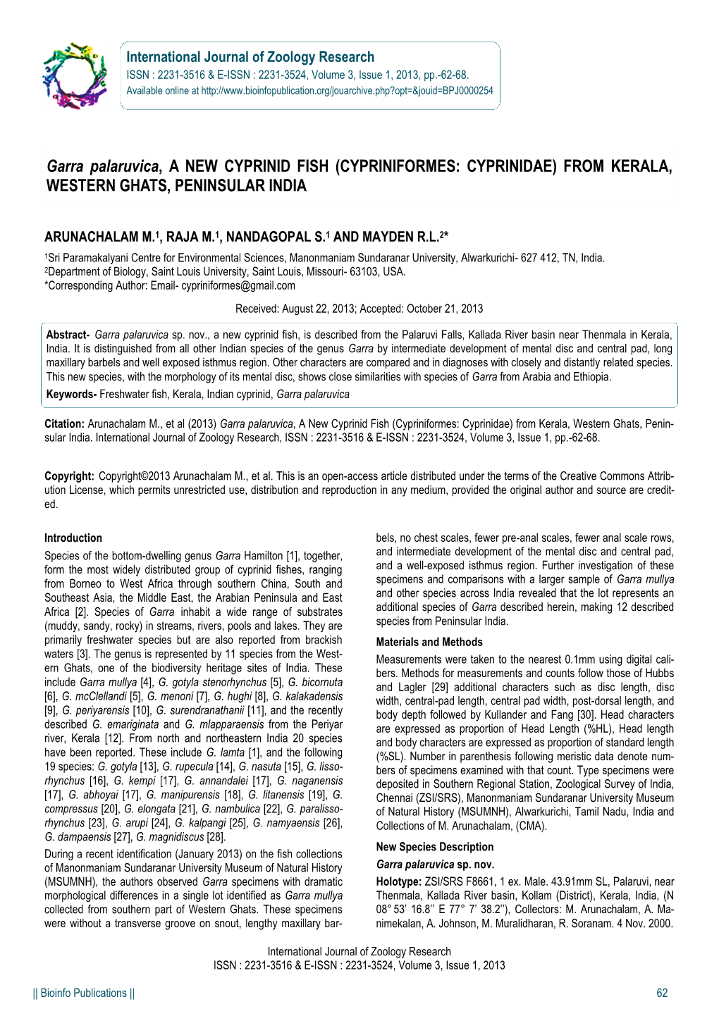 Garra Palaruvica, a NEW CYPRINID FISH (CYPRINIFORMES: CYPRINIDAE) from KERALA, WESTERN GHATS, PENINSULAR INDIA