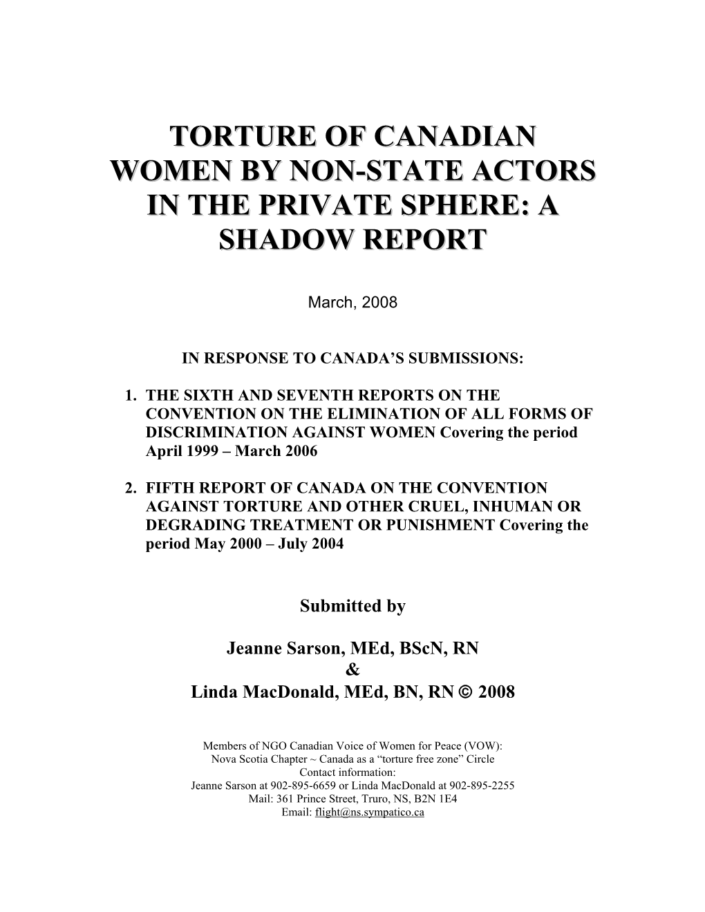 Torture of Canadian Women by Non-State Actors in the Private Sphere: a Shadow Report
