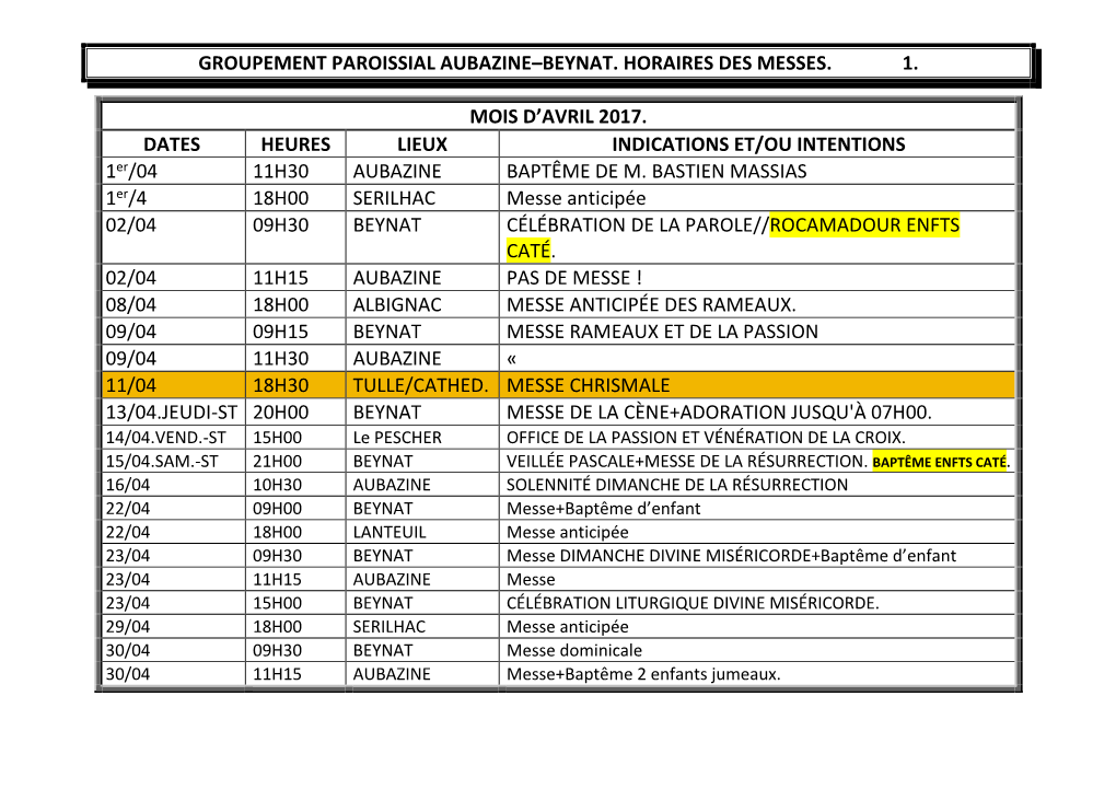 Groupement Paroissial Aubazine–Beynat. Horaires Des Messes. 1