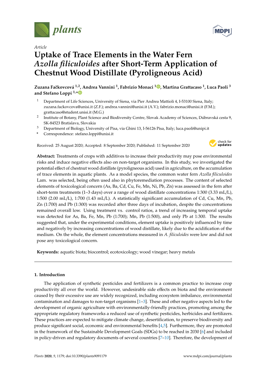 Uptake of Trace Elements in the Water Fern Azolla Filiculoides After Short-Term Application of Chestnut Wood Distillate