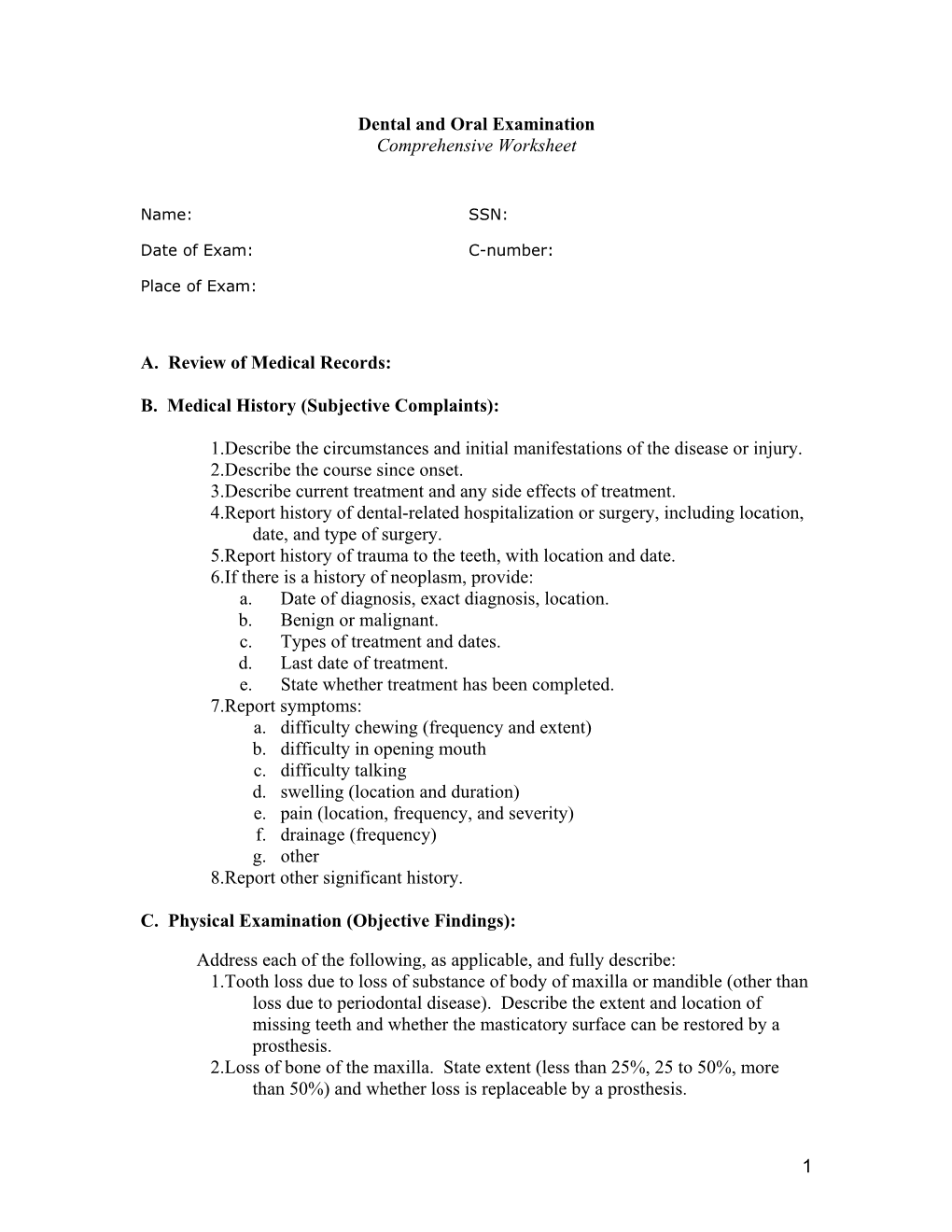 Dental and Oral Examination Comprehensive Worksheet