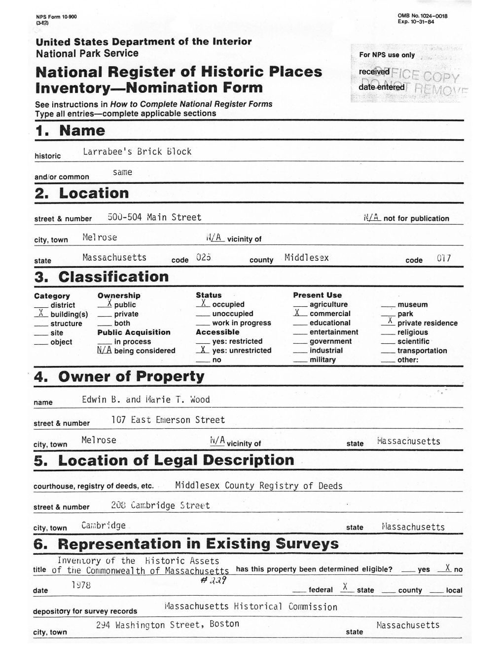 2. Location 3. Classification 4. Owner of Property 5. Location of Legal Description 6. Representation in Existing Surveys Nation