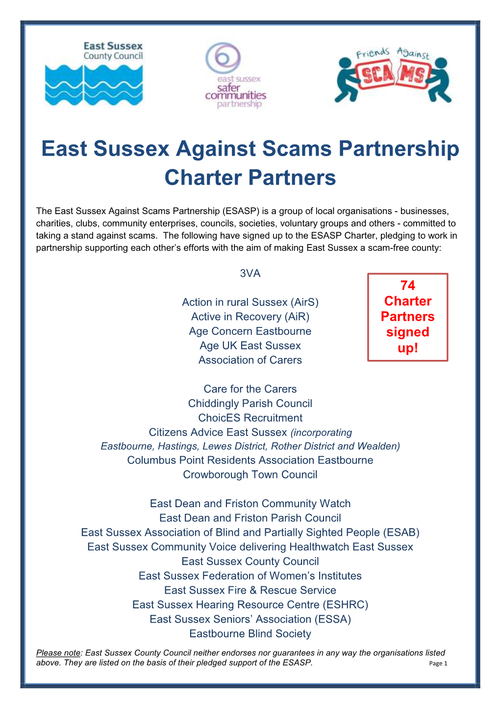 East Sussex Against Scams Partnership Charter Partners