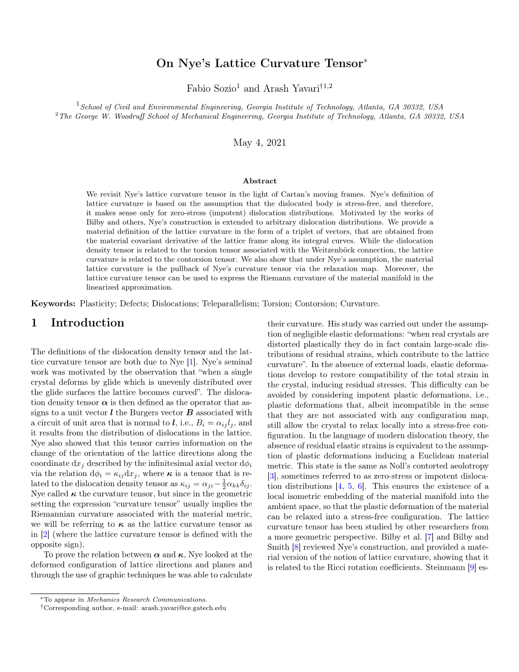 On Nye's Lattice Curvature Tensor 1 Introduction