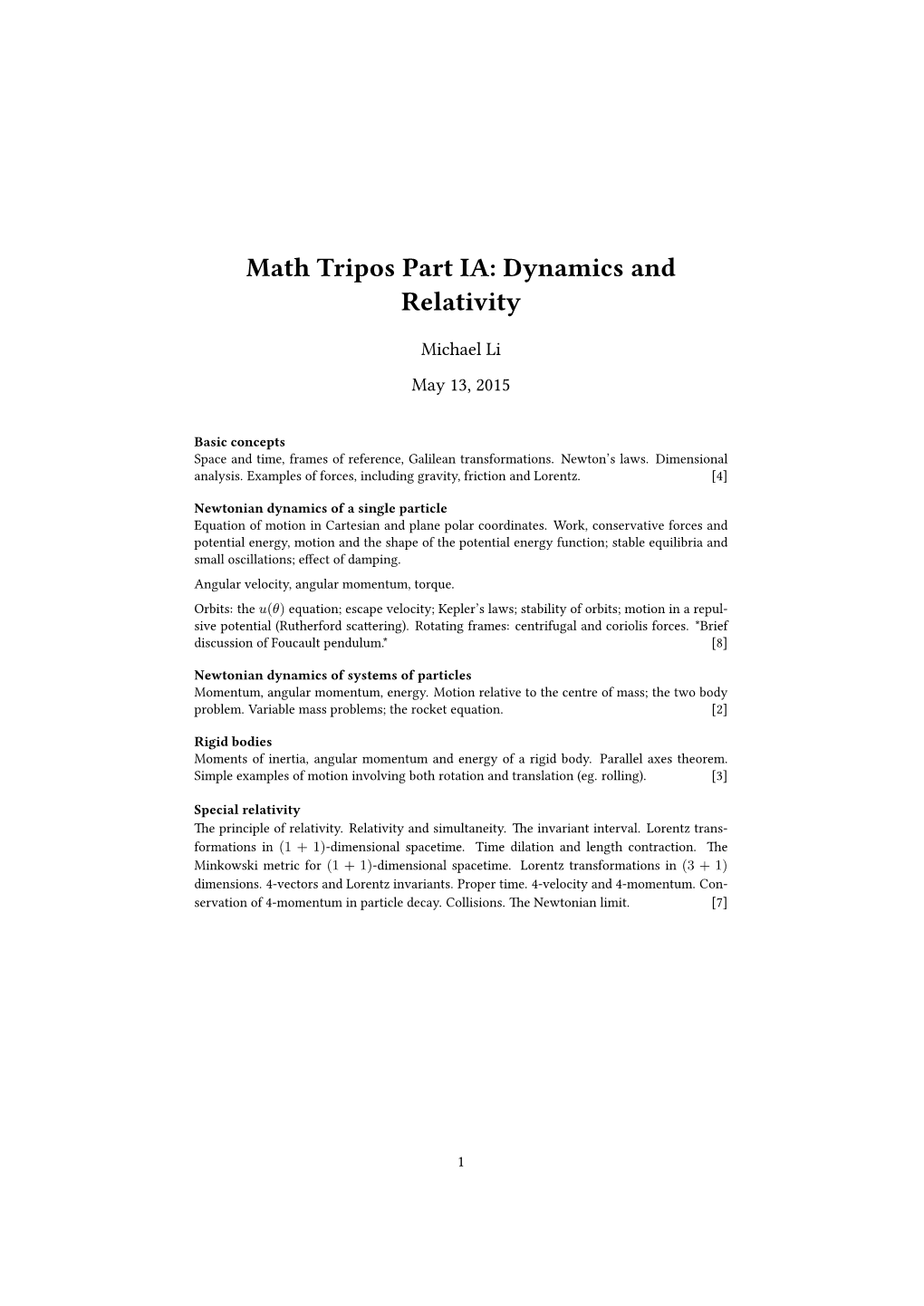 Math Tripos Part IA: Dynamics and Relativity