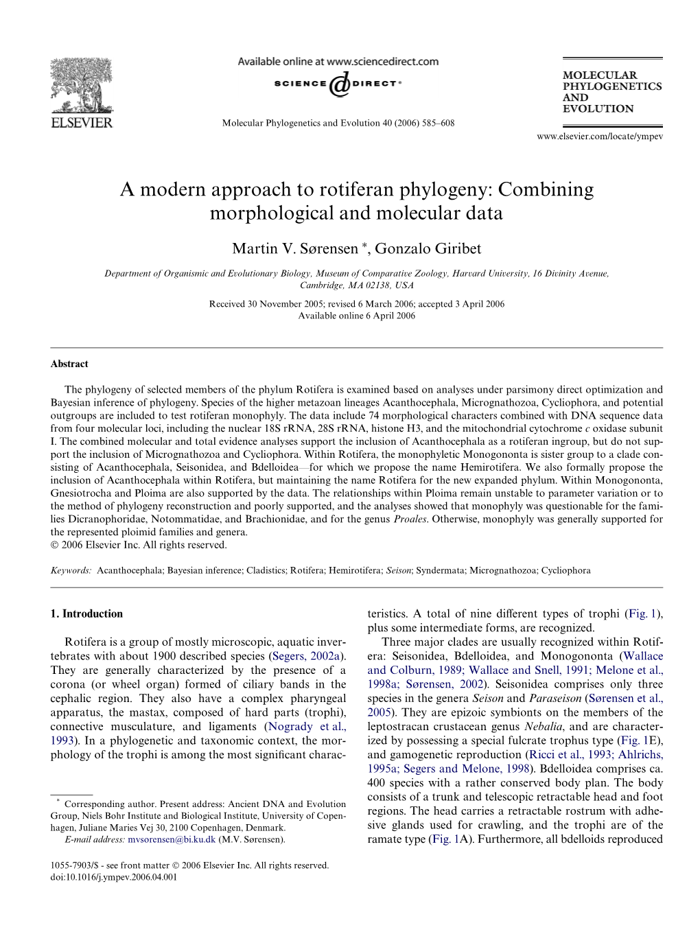 A Modern Approach to Rotiferan Phylogeny: Combining Morphological and Molecular Data