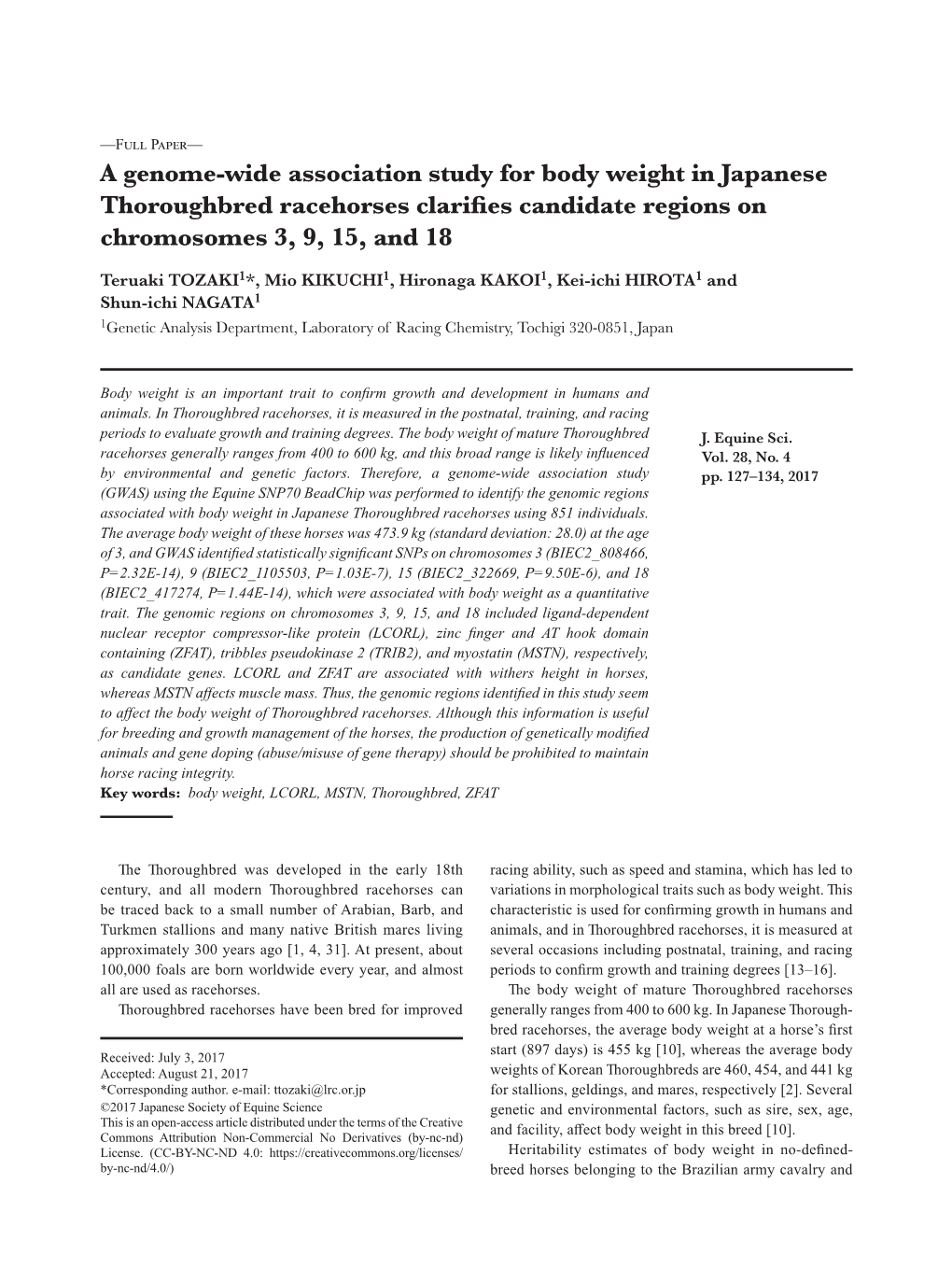 A Genome-Wide Association Study for Body Weight in Japanese Thoroughbred Racehorses Clarifies Candidate Regions on Chromosomes 3, 9, 15, and 18