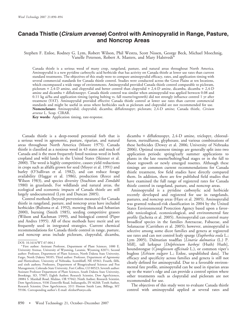 Canada Thistle (Cirsium Arvense) Control with Aminopyralid in Range, Pasture, and Noncrop Areas