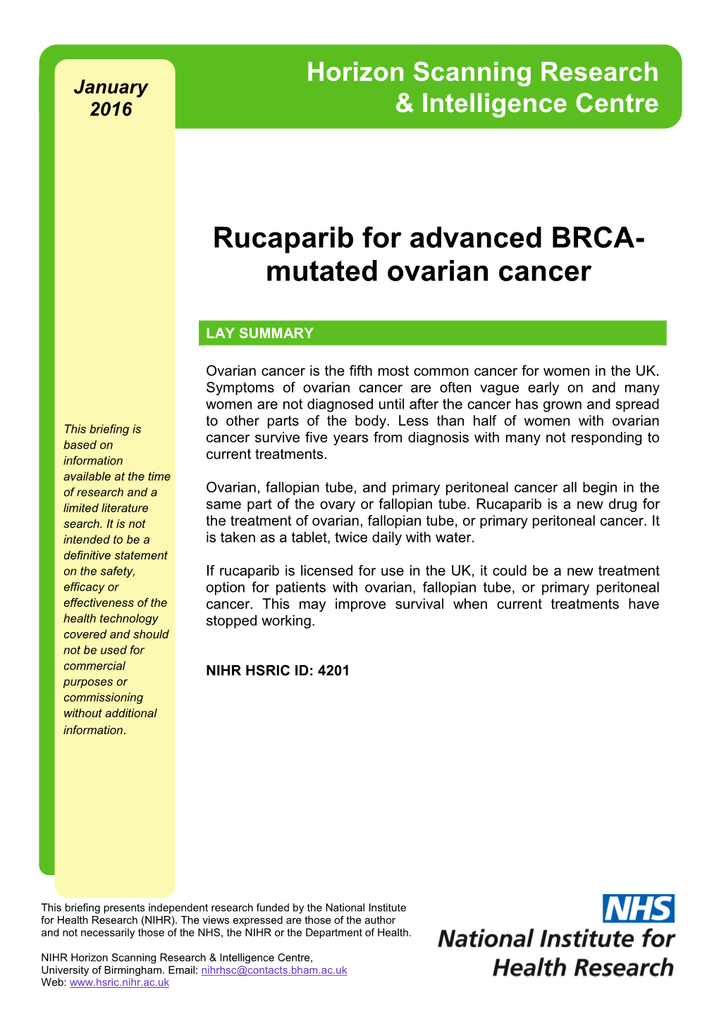Rucaparib for Advanced BRCA-Mutated Ovarian Cancer