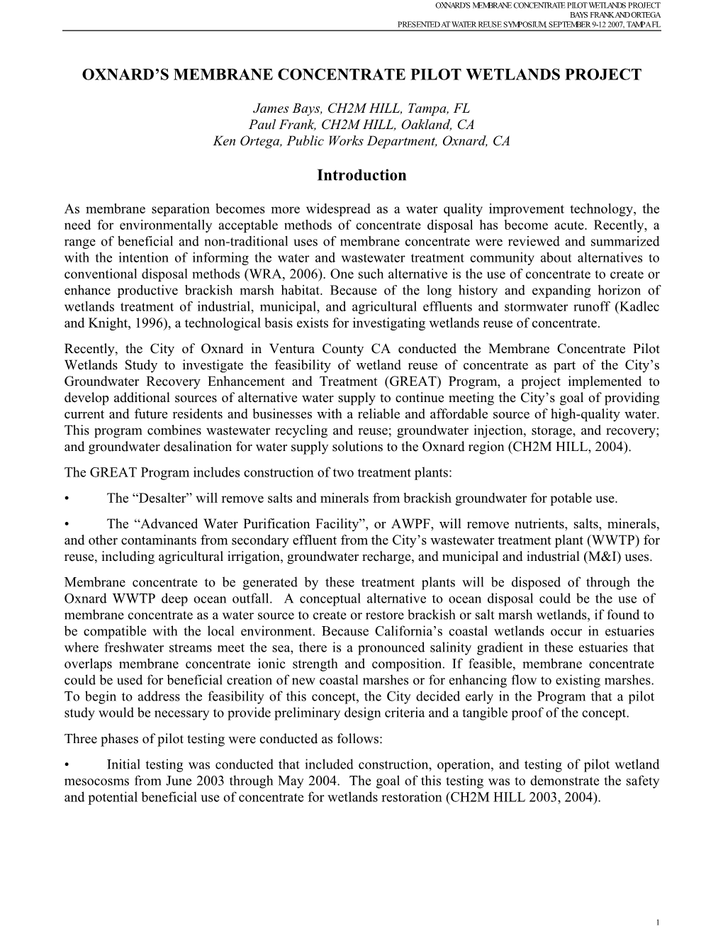 Oxnard's Membrane Concentrate Pilot