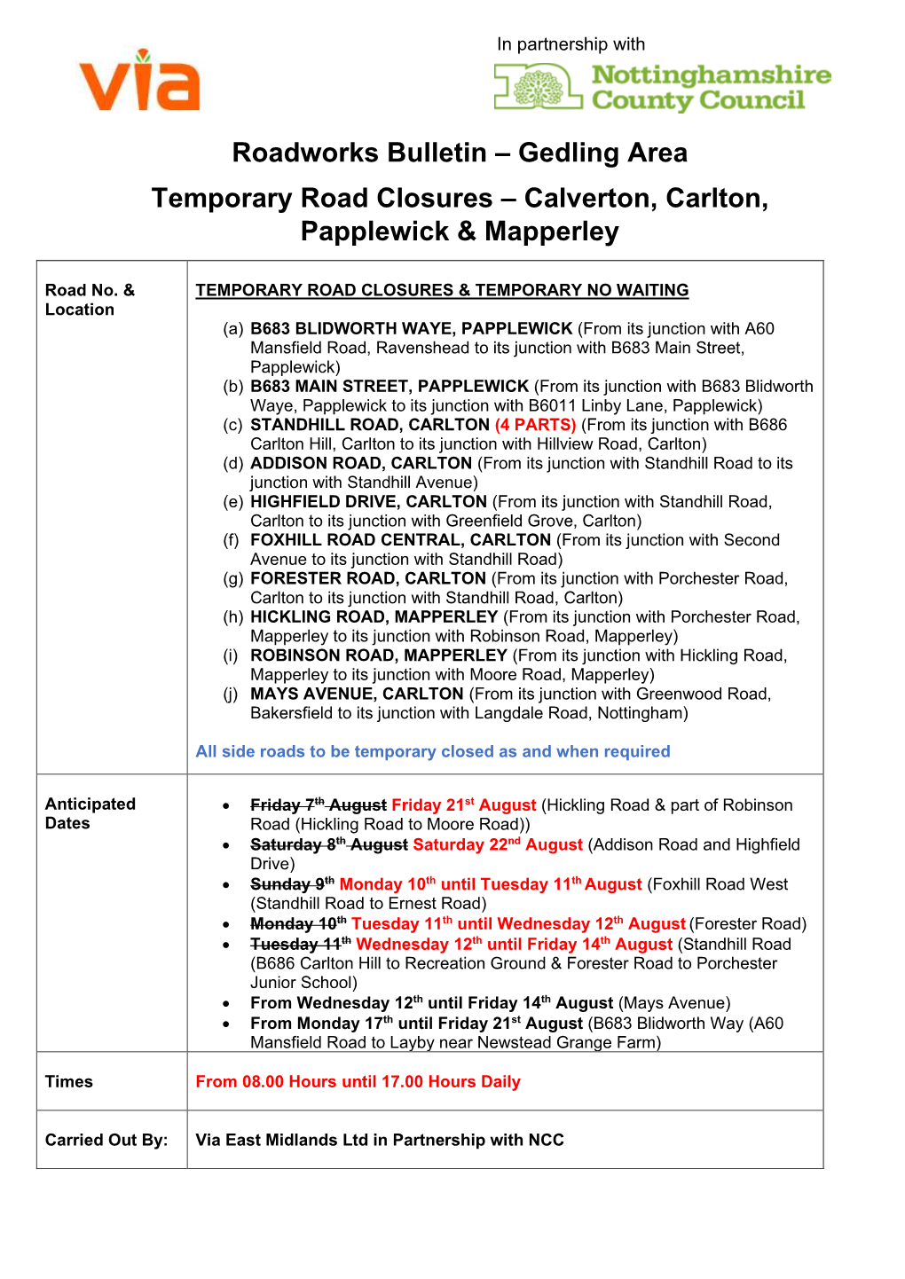 Roadworks Bulletin – Gedling Area Temporary Road Closures – Calverton, Carlton, Papplewick & Mapperley