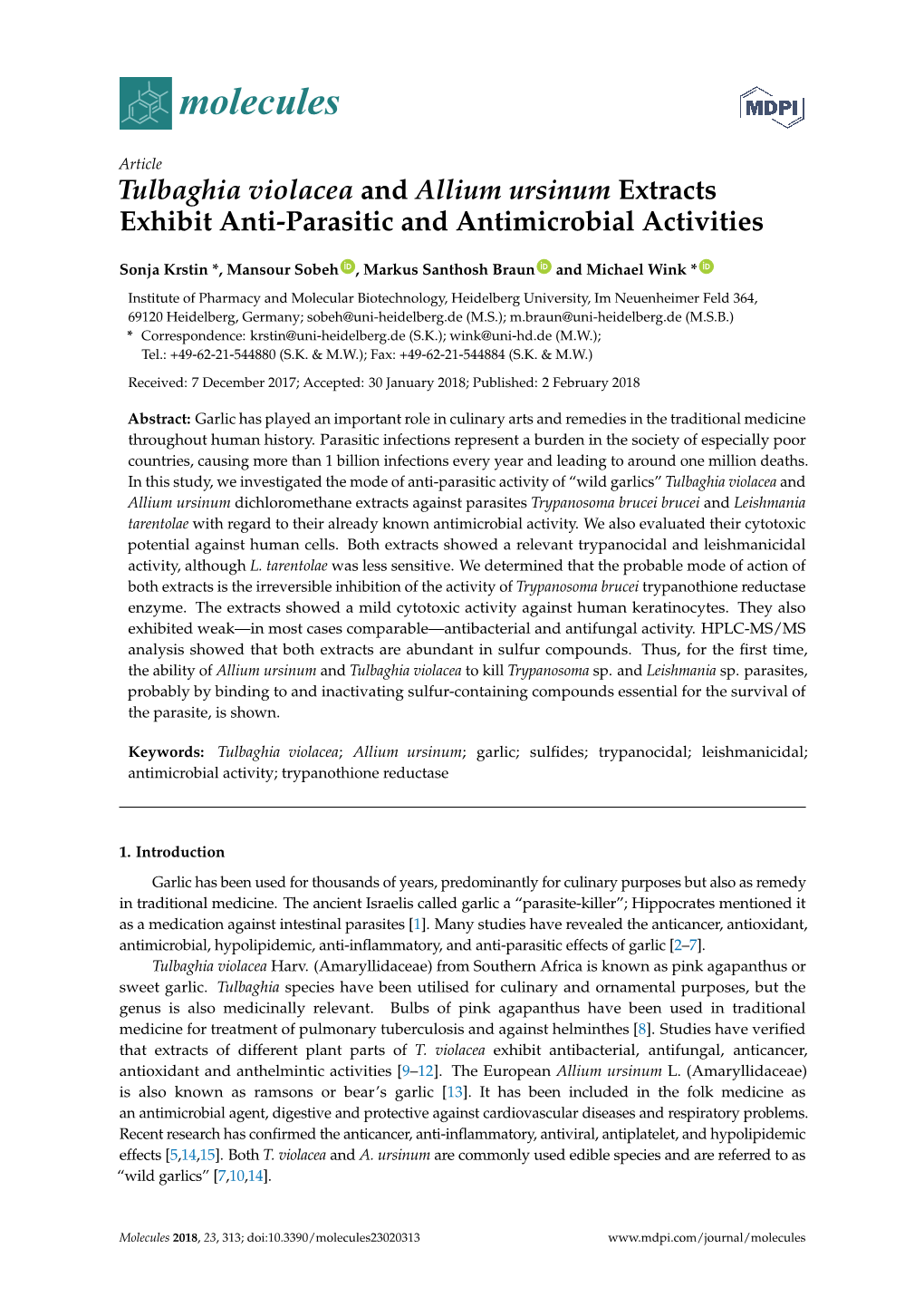 Tulbaghia Violacea and Allium Ursinum Extracts Exhibit Anti-Parasitic and Antimicrobial Activities