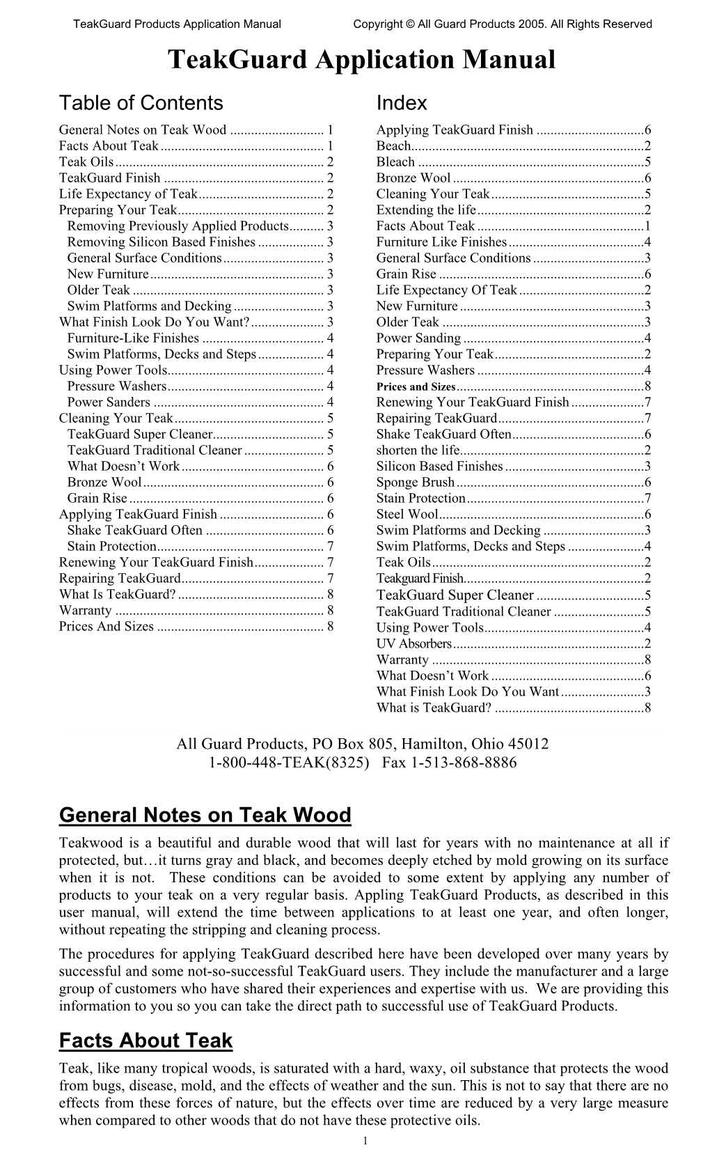 Teakguard Application Manual Table of Contents Index General Notes on Teak Wood