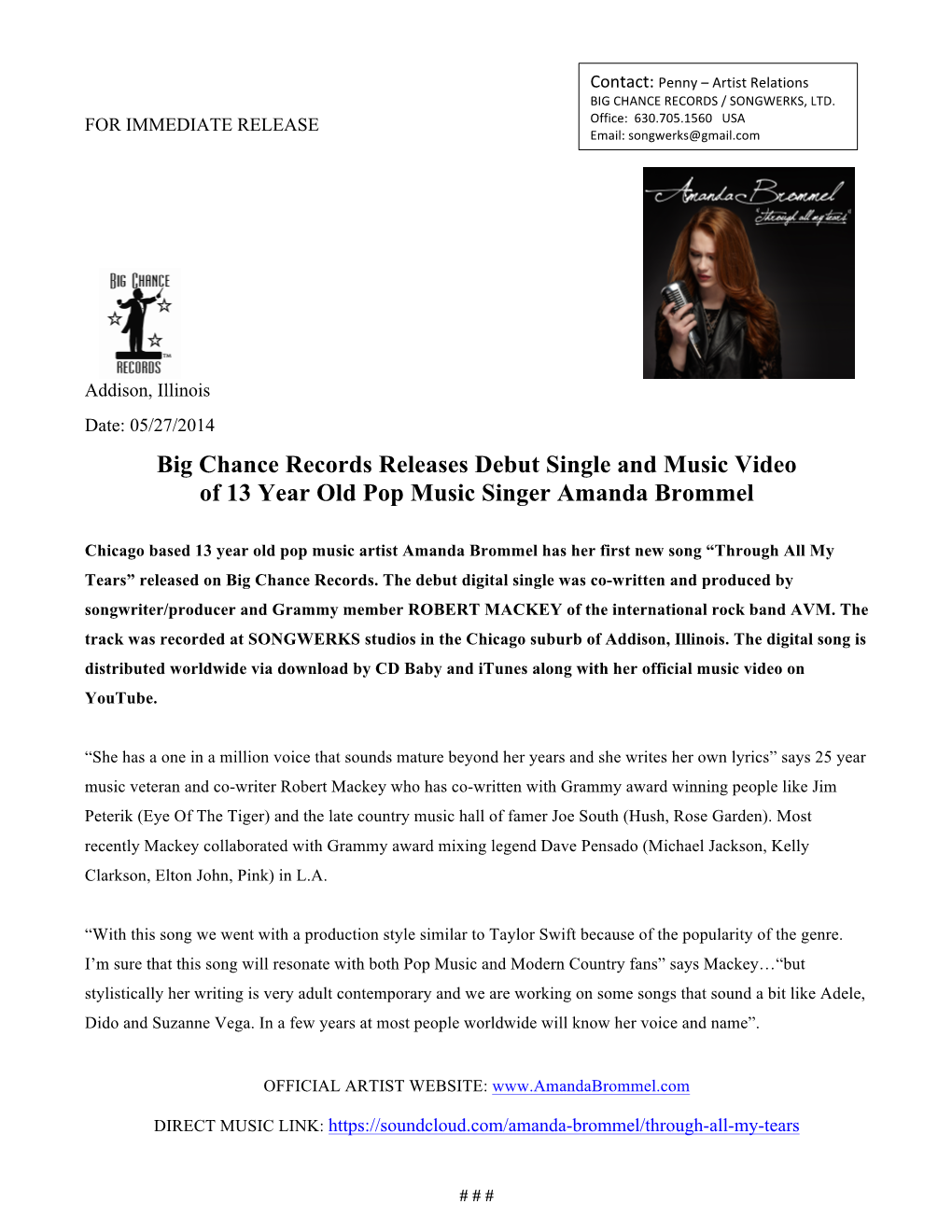 Big Chance Records Releases Debut Single and Music Video of 13 Year Old Pop Music Singer Amanda Brommel