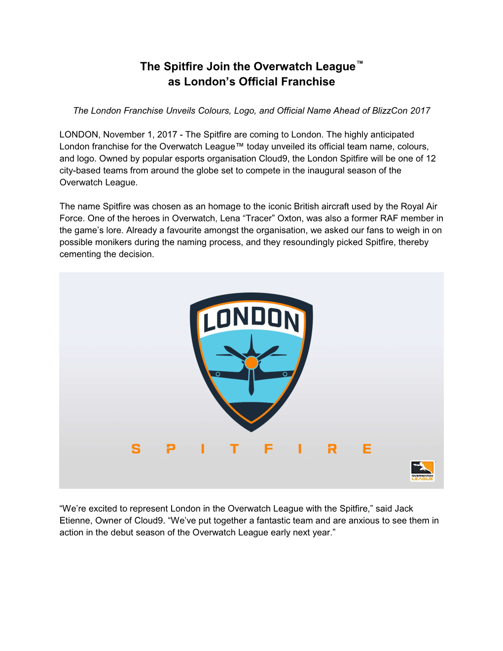 The Spitfire Join the Overwatch League™ As London's Official