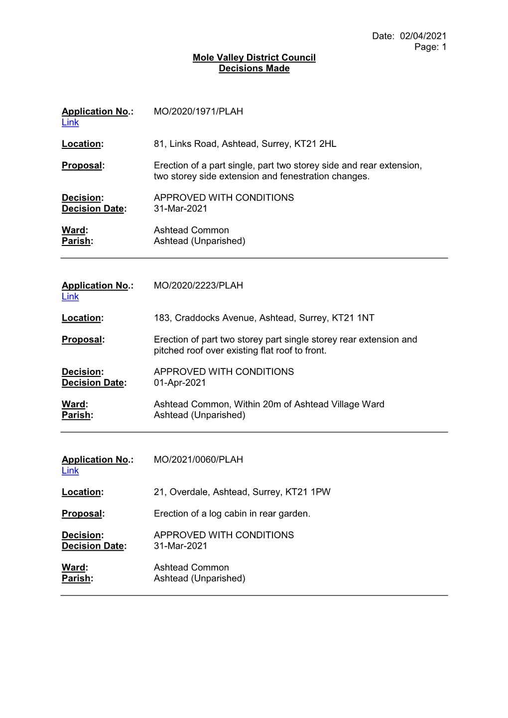 1 Mole Valley District Council Decisions Made Application