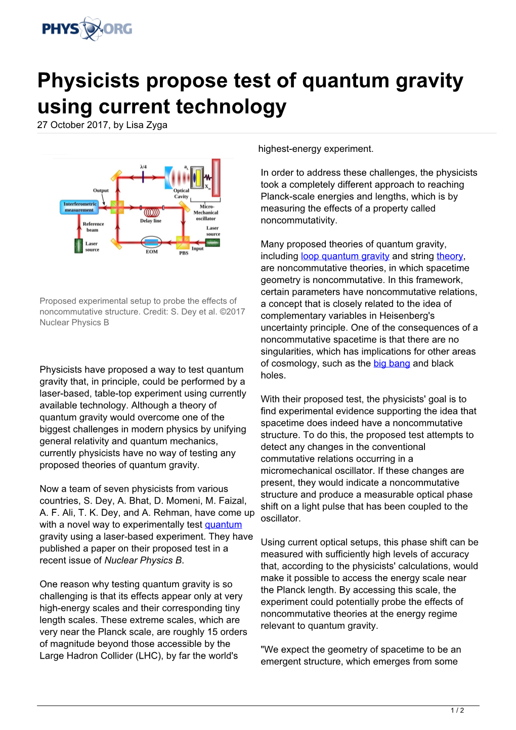 Physicists Propose Test of Quantum Gravity Using Current Technology 27 October 2017, by Lisa Zyga