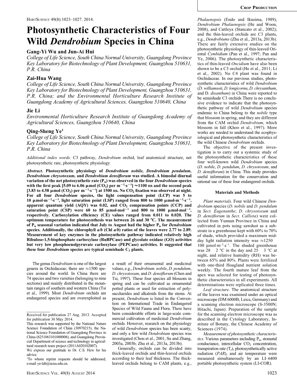 Photosynthetic Characteristics of Four Wild Dendrobium Species In