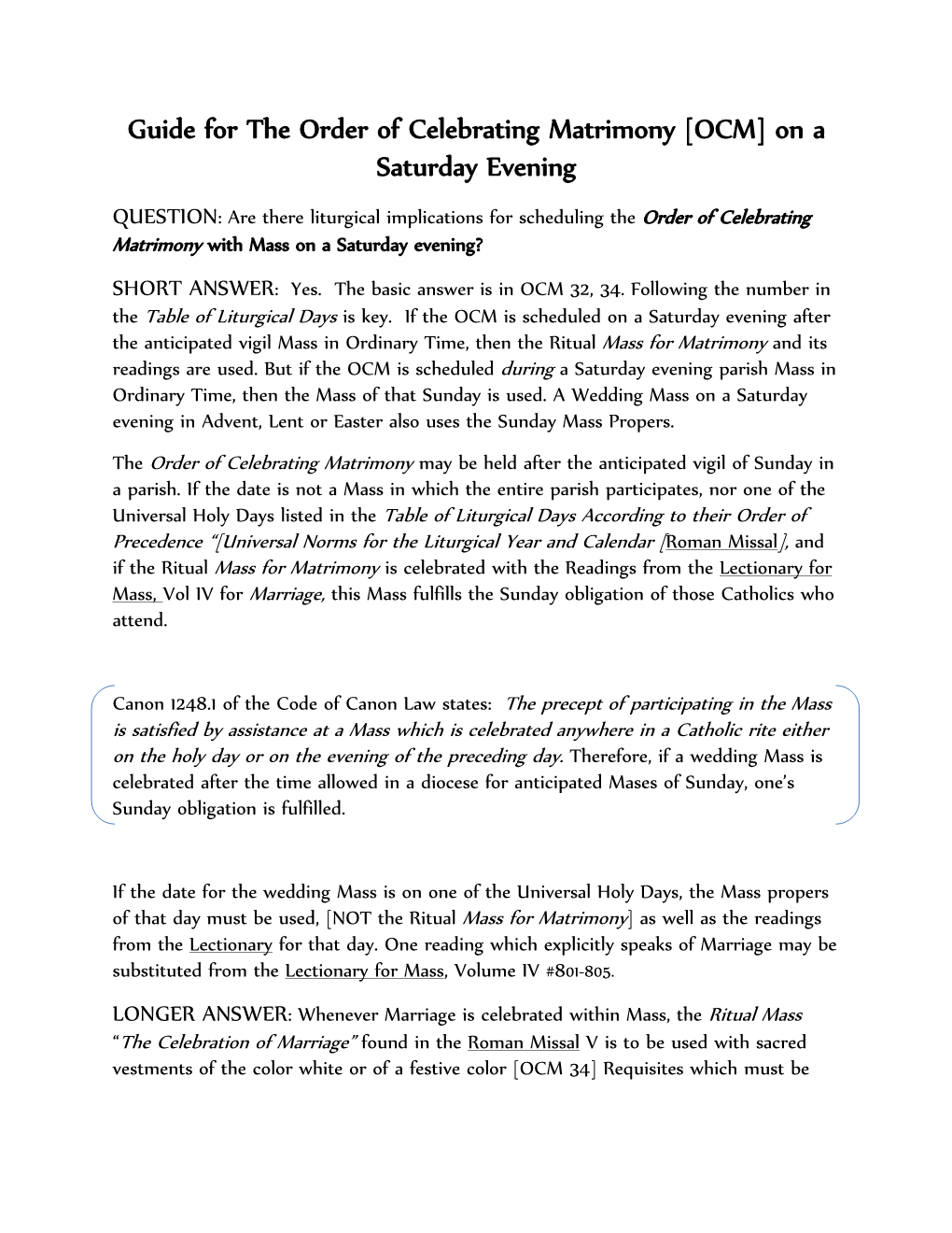 Guide for the Order of Celebrating Matrimony [OCM] on a Saturday Evening