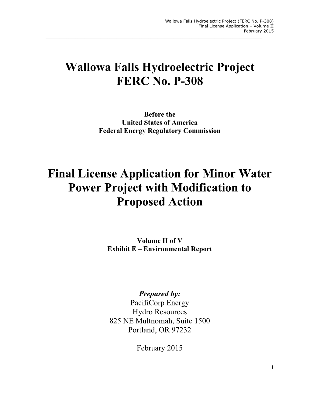 Wallowa Falls Hydroelectric Project FERC No. P-308