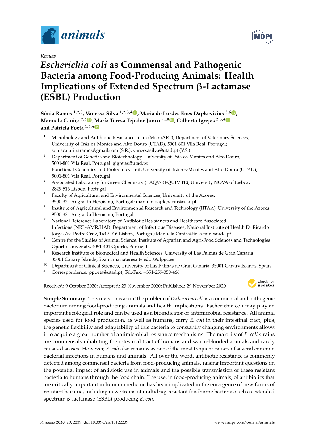 Escherichia Coli As Commensal and Pathogenic Bacteria Among Food-Producing Animals: Health Implications of Extended Spectrum Β-Lactamase (ESBL) Production