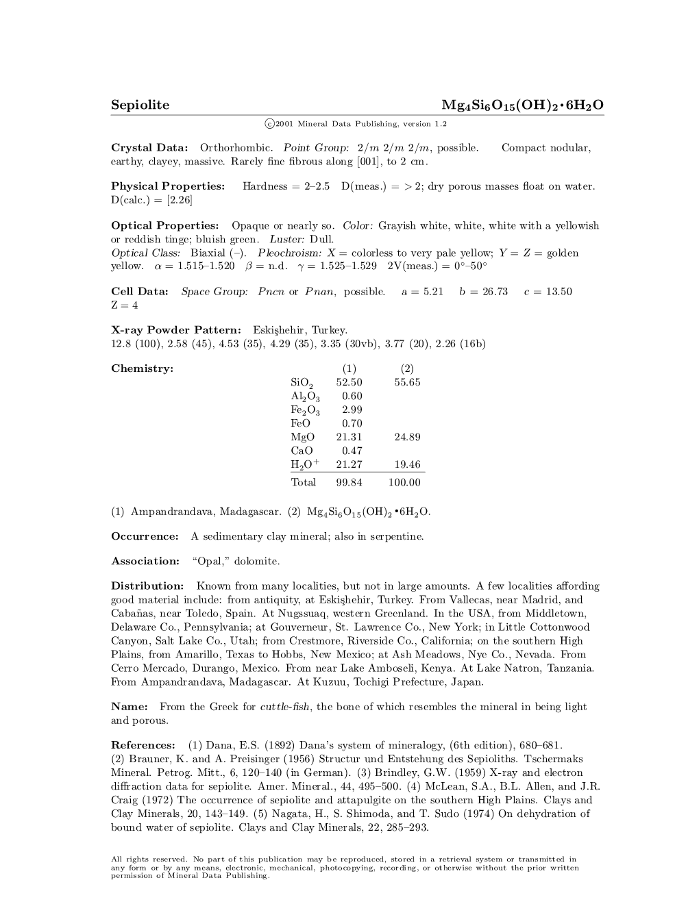 Sepiolite Mg4si6o15(OH)2 ² 6H2O C 2001 Mineral Data Publishing, Version 1.2 ° Crystal Data: Orthorhombic