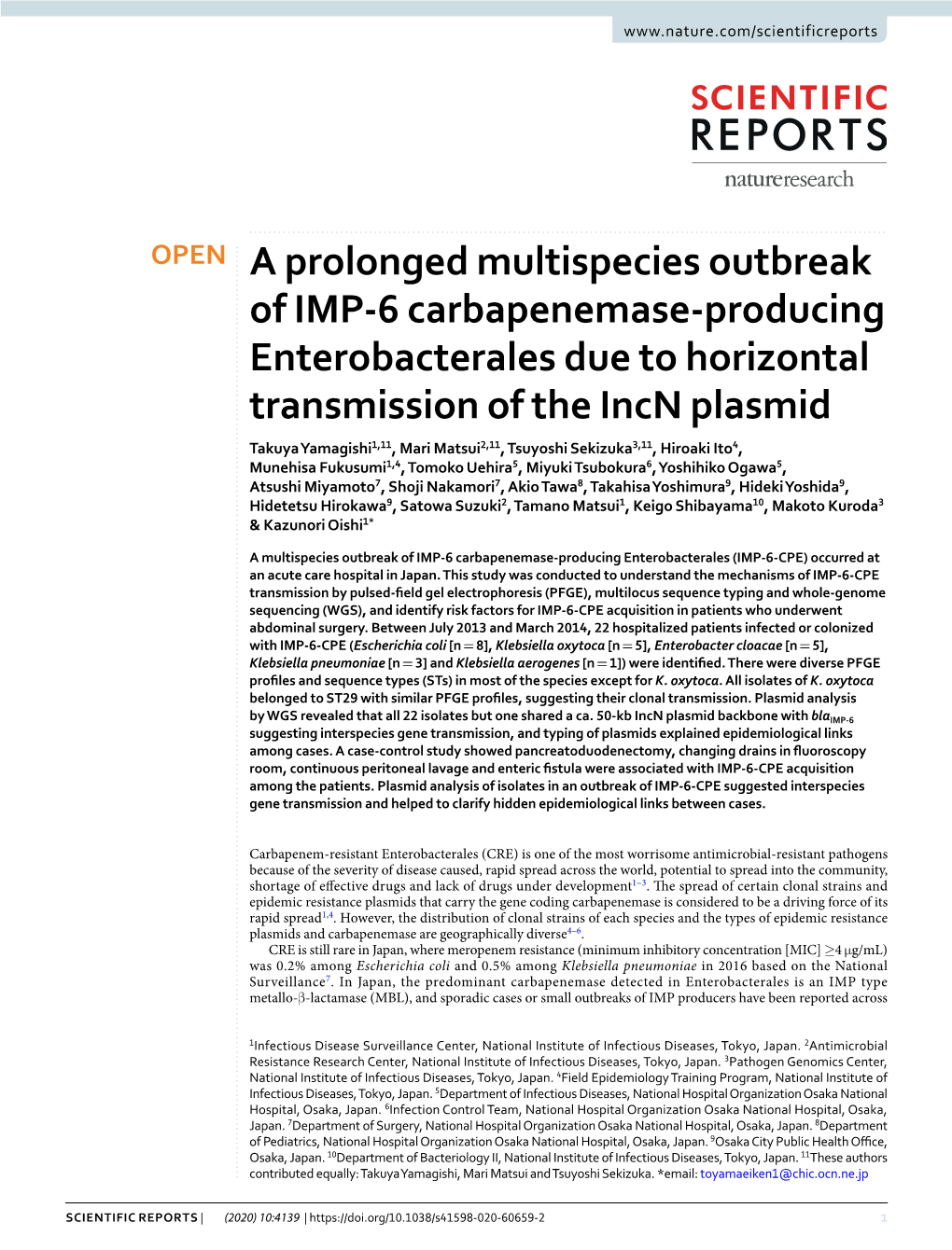 A Prolonged Multispecies Outbreak of IMP-6 Carbapenemase-Producing