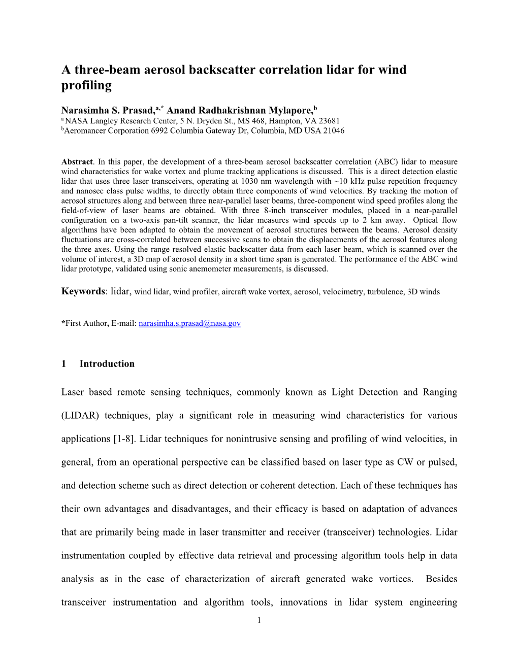 A Three-Beam Aerosol Backscatter Correlation Lidar for Wind Profiling