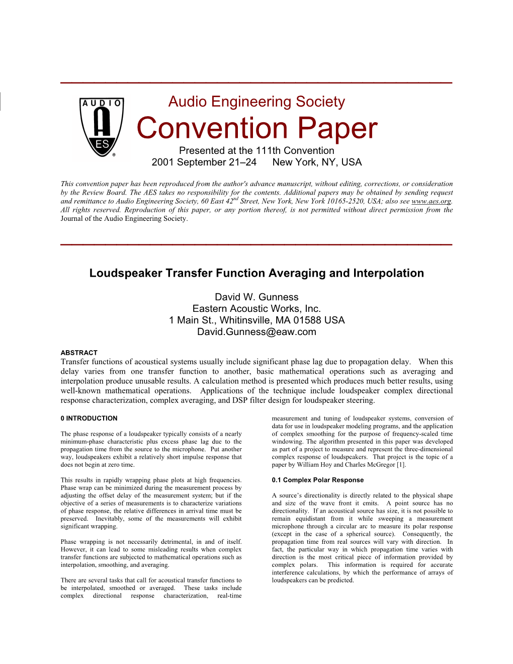 Convention Paper Presented at the 111Th Convention 2001 September 21–24 New York, NY, USA
