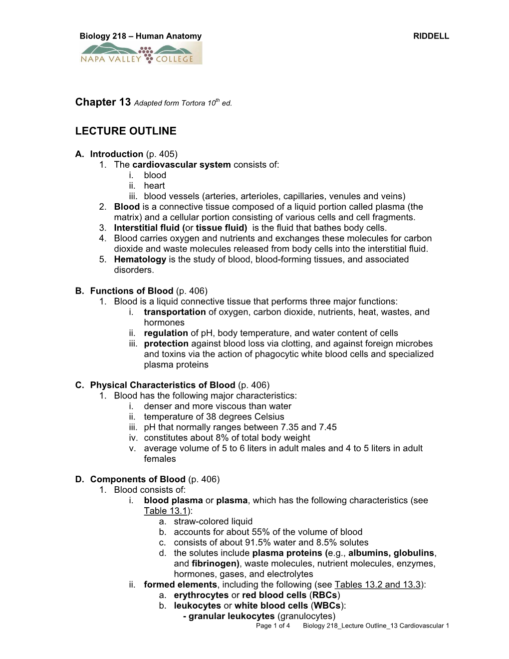 Biology 218 – Human Anatomy RIDDELL