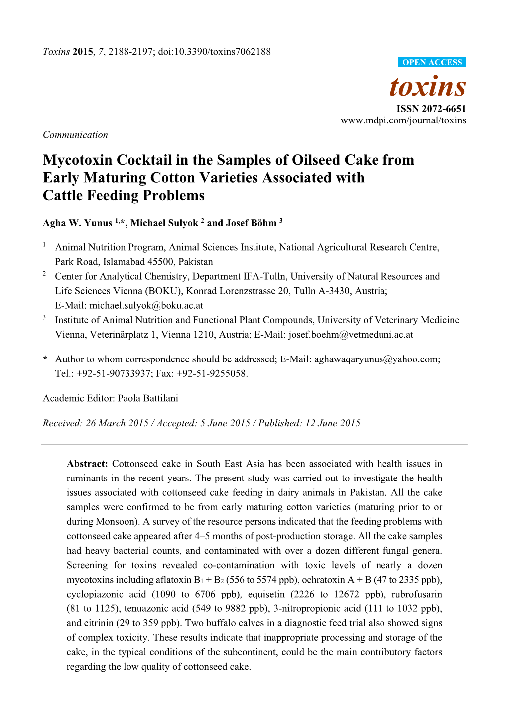 Mycotoxin Cocktail in the Samples of Oilseed Cake from Early Maturing Cotton Varieties Associated with Cattle Feeding Problems