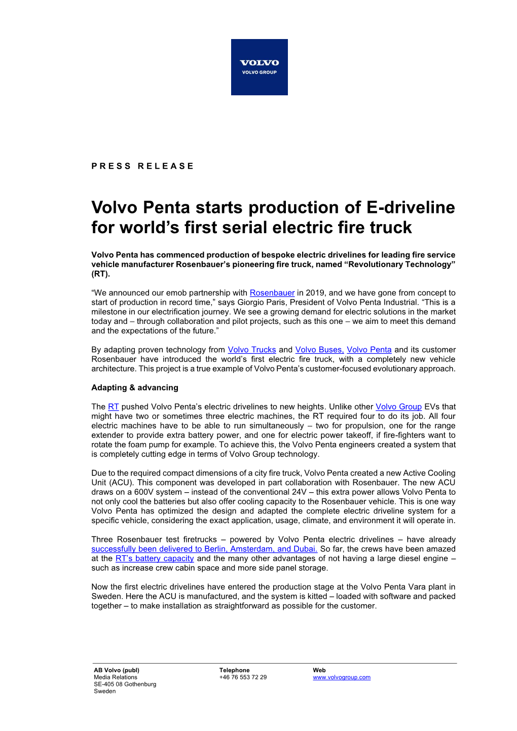 Volvo Penta Starts Production of E-Driveline for World's First Serial