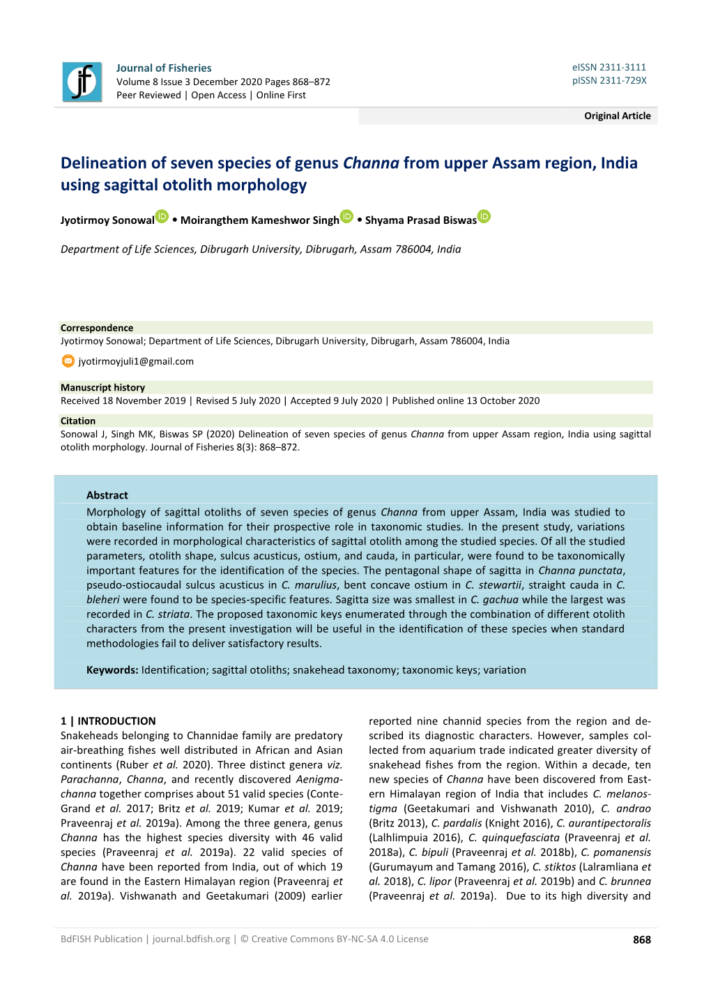 Delineation of Seven Species of Genus Channa from Upper Assam Region, India Using Sagittal Otolith Morphology