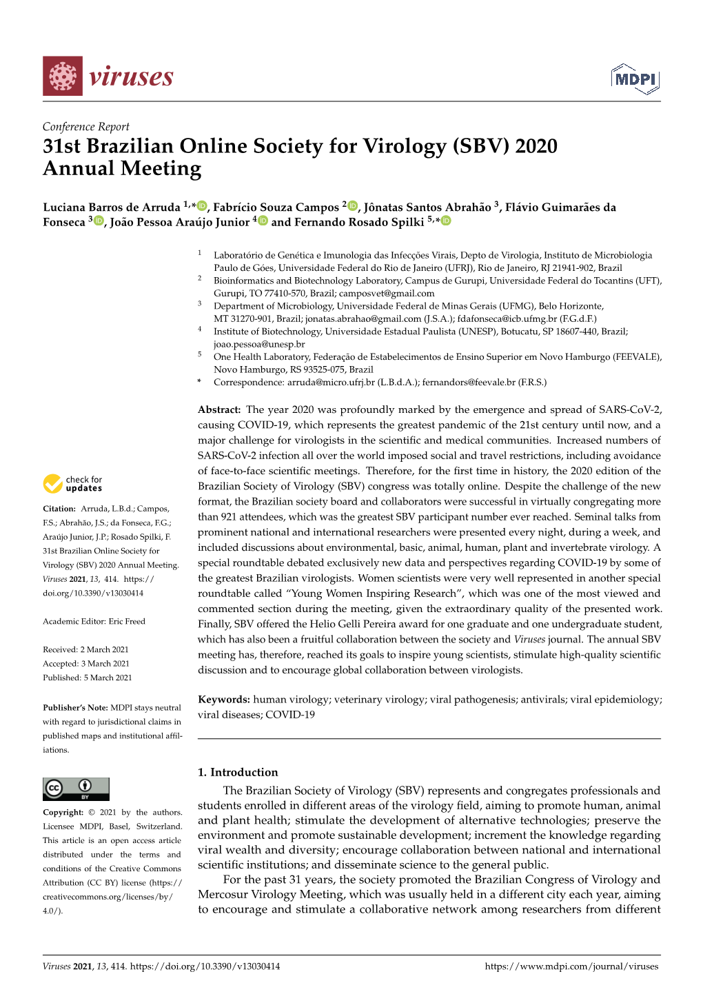 31St Brazilian Online Society for Virology (SBV) 2020 Annual Meeting