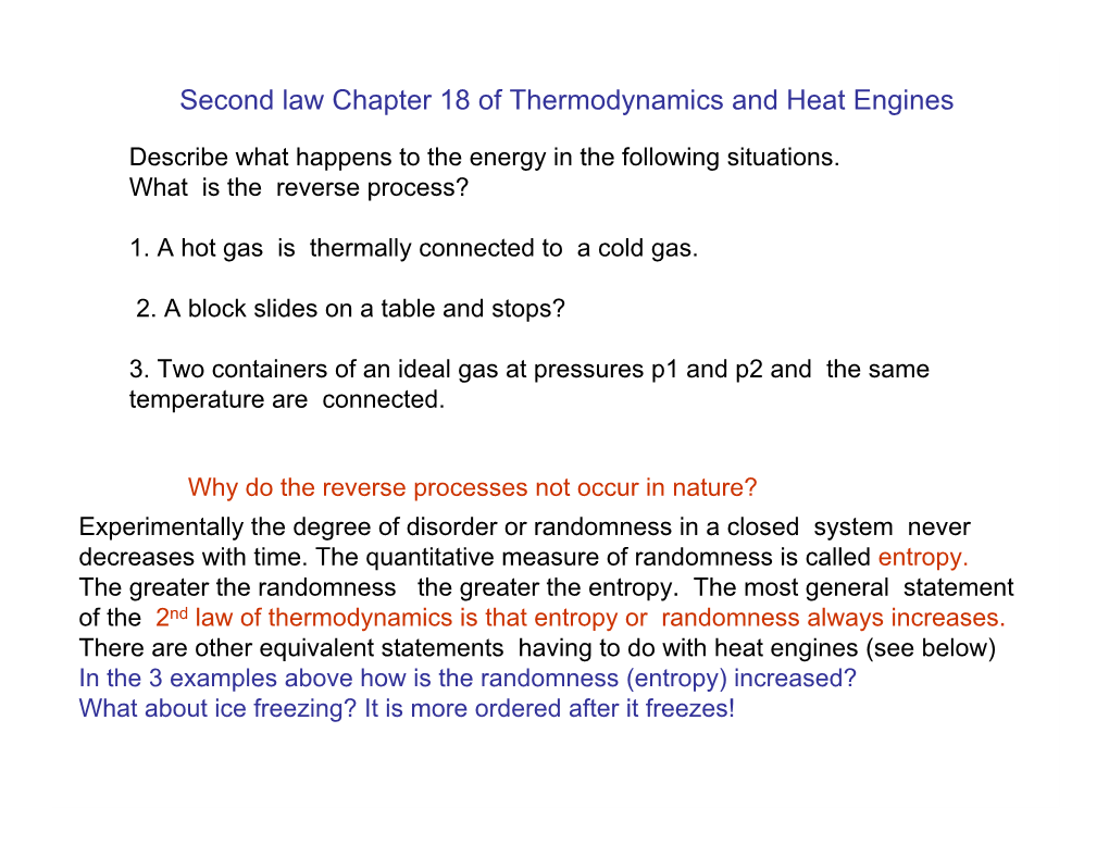 Second Law Chapter 18 of Thermodynamics and Heat Engines