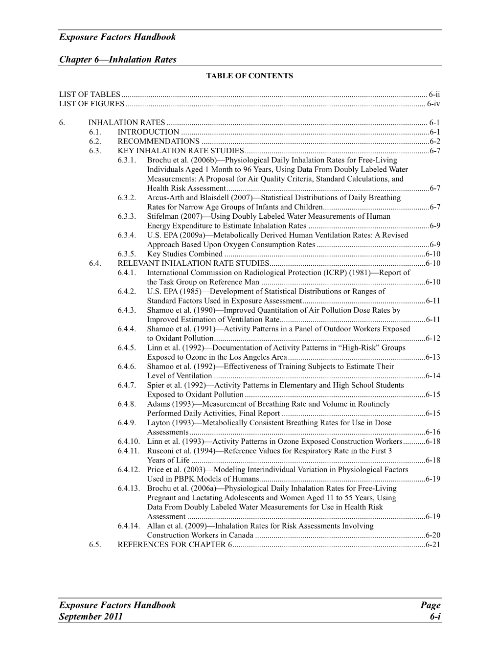 Inhalation Rates TABLE of CONTENTS