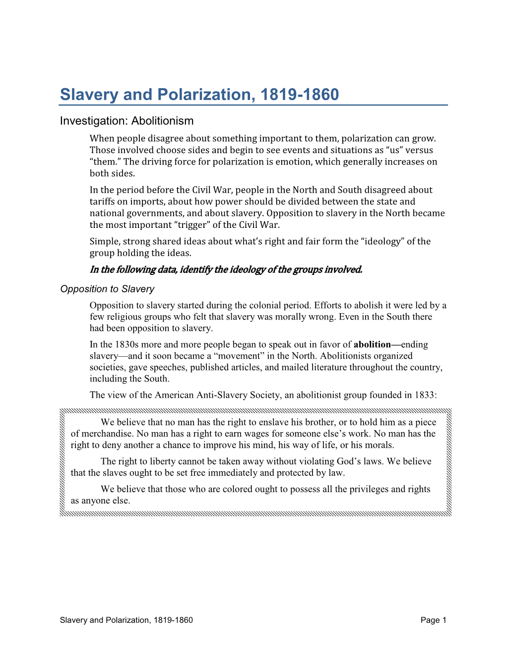 Slavery and Polarization, 1819-1860