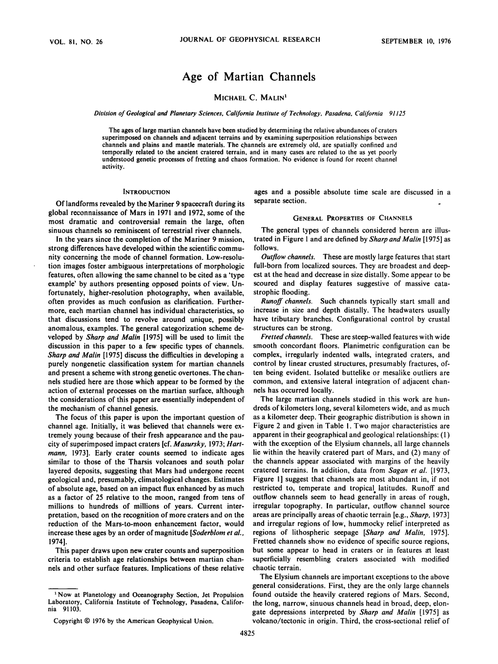 Age of Martian Channels