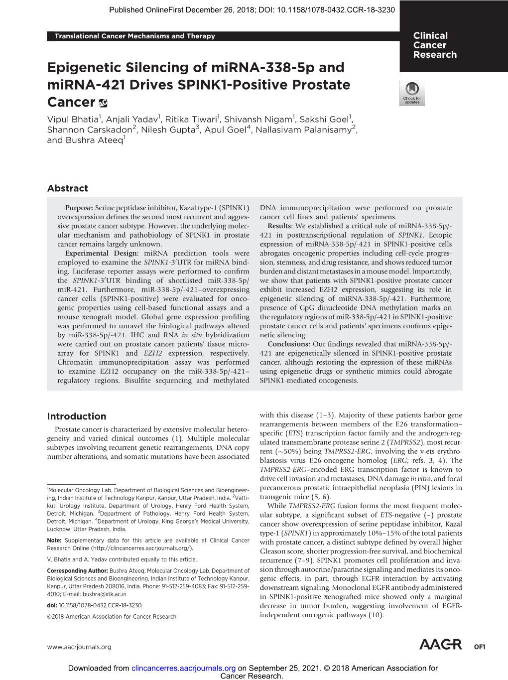 Epigenetic Silencing of Mirna-338-5P and Mirna-421