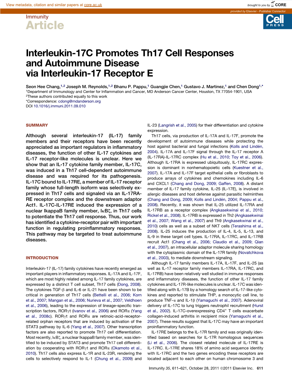 Interleukin-17C Promotes Th17 Cell Responses and Autoimmune Disease Via Interleukin-17 Receptor E