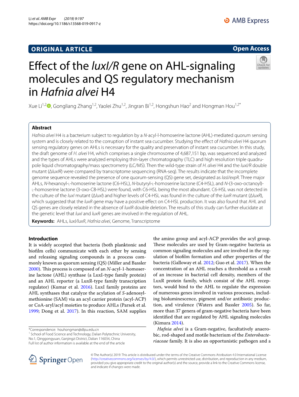 Effect of the Luxi/R Gene on AHL-Signaling Molecules and QS
